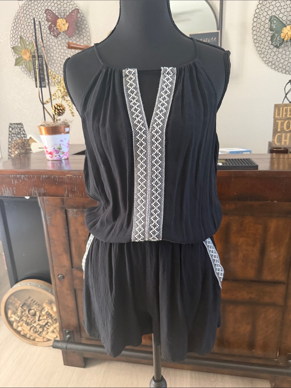 I.N. San Francisco Black Romper with White Embroidered Trim